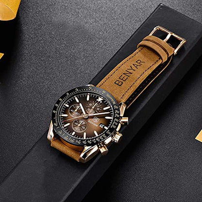 BENYAR Mens Watches Quartz Movement Chronograph Leather Strap Fashion Business Sport Design 30M Waterproof Scratch Resistant Elegant Gifts for Men