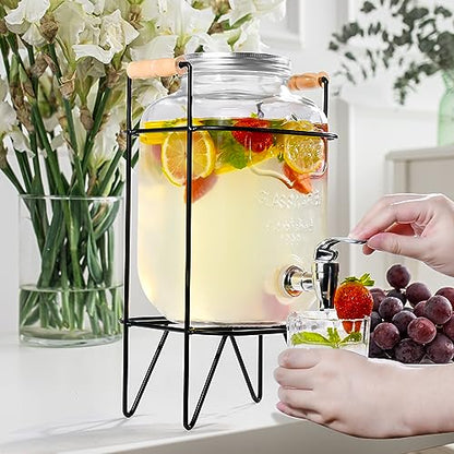 Glass Beverage Dispenser with Sturdy Metal Base and Spigots - 4L Capacity, Sealed Wooden Lid, Wine Barrel Ideal for Beverages, Alcohol, Kombucha and Detergent