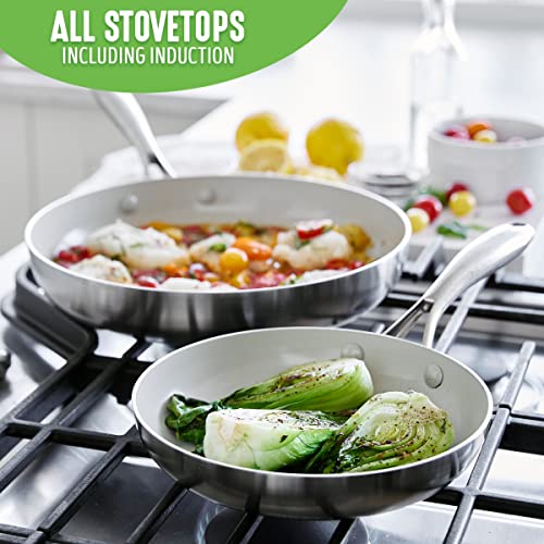 GreenLife Tri-Ply Stainless Steel Healthy Ceramic Nonstick, 10 Piece Cookware Pots and Pans Set, PFAS-Free, Multi Clad, Induction, Dishwasher Safe, Oven Safe, Silver