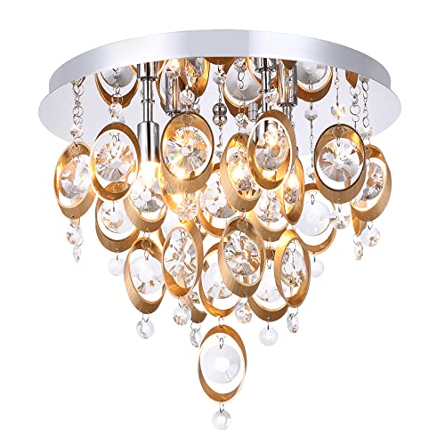 Luburs 4-Light Flush Mount Chandelier 3-Tier Semi-Flush Mount Ceiling Light Fixture Modern Crystal Copper Ceiling Lighting for Bedroom Bathroom Kitchen Hallway 4 G10 Bulbs