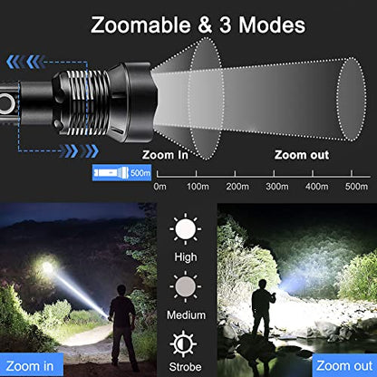 kwznob Rechargeable LED Flashlights, 100000 High Lumens Super Bright Flashlights with 3 Modes Waterproof Zoomable Flash Light for Outdoor Emergency