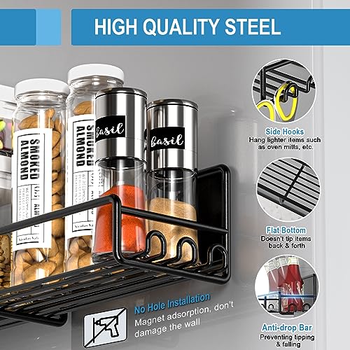 Goovilla Magnetic Spice Rack for Refrigerator Organizer with 20 Hooks, Magnetic Fridge Spice Shelf 4 Pack, Strong Magnet Seasoning Organizer Rack for Refrigerator Kitchen Classroom Storage, Black