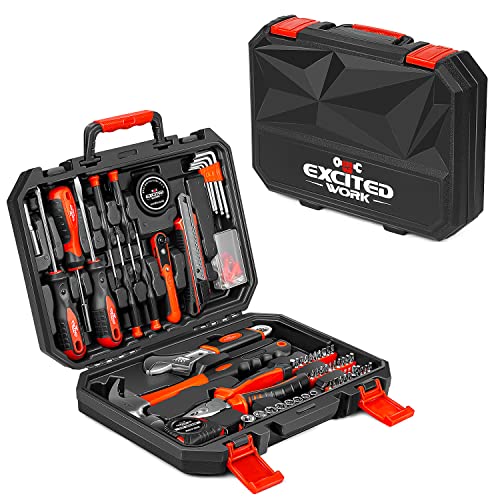 100 Piece Home Repair Tool Kit,EXCITED WORK General House Hand Tool Set with Plastic Storage Case- Socket Wrench Hammer