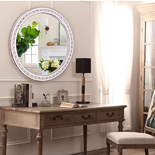Jugty 24 Inch Decorative Wall Mirror, Farmhouse Wooden Circle Mirrors for Bedroom for Bathroom, Living Room, Foyer, Hallway, Boho Accent Mirrors
