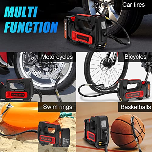 Amourate 24V Air Compressor Tire Inflator Portable for Car, Cordless Air Pump (150 PSI) with 12V Car Adapter Rechargeable Battery,Digital Pressure Gauge,Auto-off inflating Red