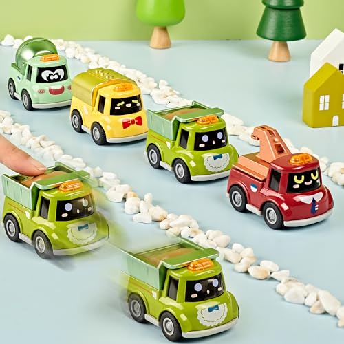 KIDAMI 4 PCS Die-Cast Metal Toy Cars & Trucks, Toddler Cartoon Pull Back Cars for Kids Birthday Gift Toys, Toddler Toys for 1 2 3 4 Years Old Boys Girls