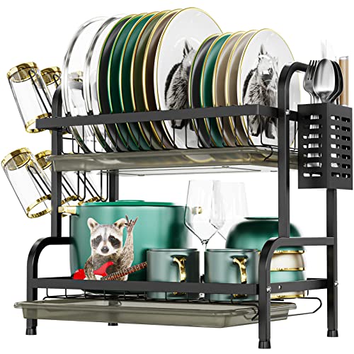 iSPECLE Dish Drying Rack for Kitchen Counter 2 Tier Dish Rack with Cup Holder, Dish Drainer with Drainboard and Utensil Holder Large Capacity for Small Kitchen Countertop Saving Space