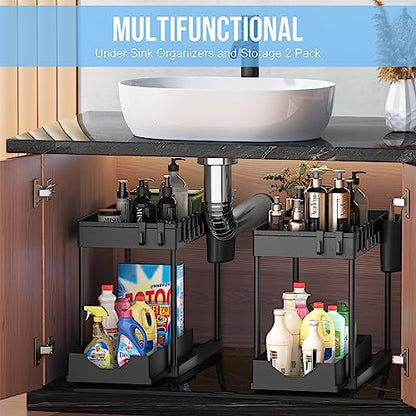 2 Pack Under Sink Organizer, 2 Tier Under Bathroom Cabinet Organizer 6 Hooks 1 Cup, Pull Out Cabinet Basket Organizer for Under the Kitchen Bathroom Sink Organizers and Storage