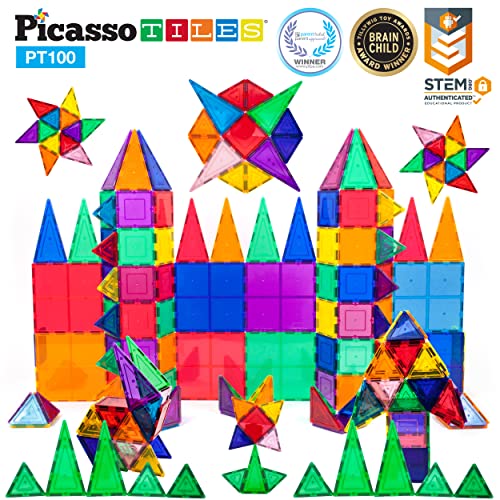 PicassoTiles 100 Piece Set 100pcs Magnet Building Tiles Clear Magnetic 3D Building Blocks Construction Playboards, Creativity Beyond Imagination, Inspirational, Recreational, Educational Conventional