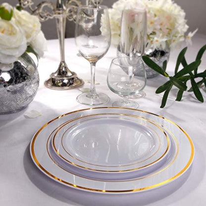 I00000 300 Pcs Gold Plastic Plates with Gold Silverware, White&Gold Plastic Dinnerware Set for Party include: 60Dinner Plates 10.25", 60Dessert Plates 7.5", 60 Gold Silverware Sets