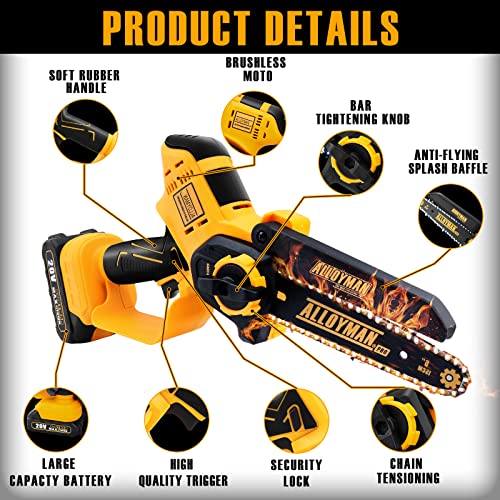 ALLOYMAN Mini Chainsaw 6-Inch Cordless | 26.2ft/s chain speed | Upgrade 775 Powerful motor | Tool Free Bar and Chain Adjustments | Handheld Small Chainsaw for Wood Cutting Tree Trimming