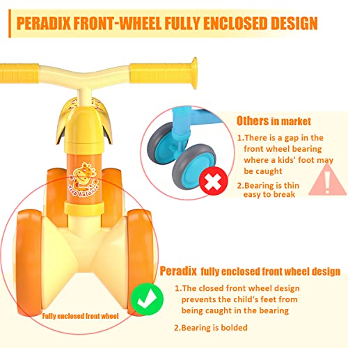 Peradix Baby Balance Bikes Adjustable for 1 Year Old Toddlers| Riding Toys for 10 Months Old Children Boys Girls | No Pedal Silent Wheels Infant Toddler Bicycle | Best First Birthday Gift (Yellow)