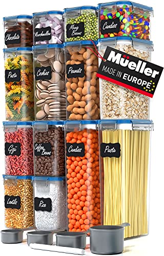 Mueller Food Storage Containers with Lids Airtight, 14-Piece Cereal Containers Storage, Kitchen & Pantry Organization Storage with 14 Labels, 4 Measuring Cups and Marker, Dark Blue