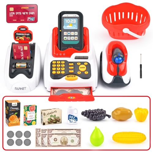 Victostar Toy Cash Register for Kids with Checkout Scanner,Fruit Card Reader, Credit Card Machine, Play Money and Food Shopping Play Set
