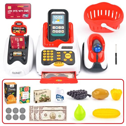 Victostar Toy Cash Register for Kids with Checkout Scanner,Fruit Card Reader, Credit Card Machine, Play Money and Food Shopping Play Set