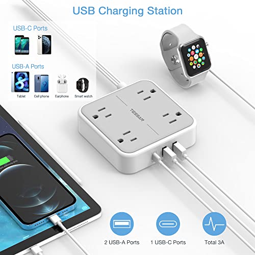 Flat Plug Power Strip, TESSAN 5 ft Ultra Thin Extension Cord with 3 USB Wall Charger(1 USB C Port), 4 Outlets Slim Desk Charging Station Compact for Travel, Office, School, Dorm Room Essentials