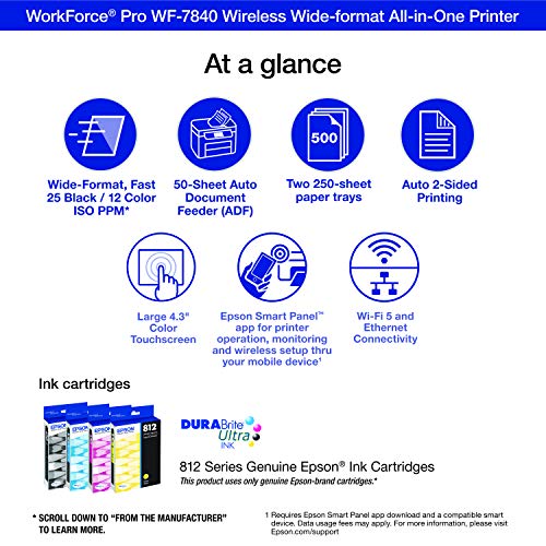 Epson Workforce Pro WF-7840 Wireless All-in-One Wide-Format Printer with Auto 2-Sided Print up to 13" x 19", Copy, Scan and Fax, 50-Page ADF, 500-sheet Paper Capacity, 4.3" Screen,Black
