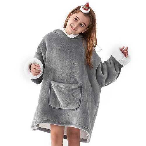 Hansleep Wearable Blanket Hoodie for Kids, Hoodie Blanket with Pockets and Sleeves Sweatshirt for Teens as A Gift - Grey Kids