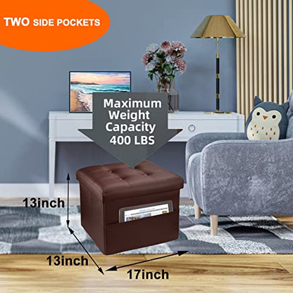 ALASDO Storage Ottoman with Double Pocket Folding Rectangle Cube Ottoman Foot Rest Stool Leather Ottomans Foot Rest for Bedroom L17W13H13(Brown)