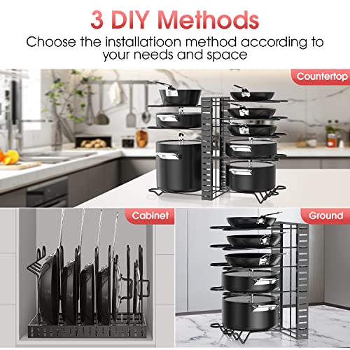 G-TING Pot Rack Organizers, 8 Tiers Pots and Pans Organizer for Kitchen Organization & Storage, Adjustable Pot Lid Holders & Pan Rack for Kitchen, Lid Organizer for Pots and Pans With 3 DIY Methods…