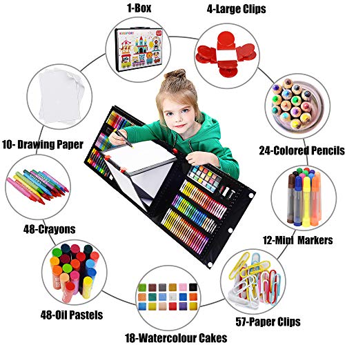 KINSPORY Art Supplies, 228 Pack Art Sets Crafts Drawing Coloring kit, Double-Side Trifold Easel, Oil Pastels, Crayons, Colored Pencils, Creative Gift for Beginners Artists Girls Boys Kids (Black)