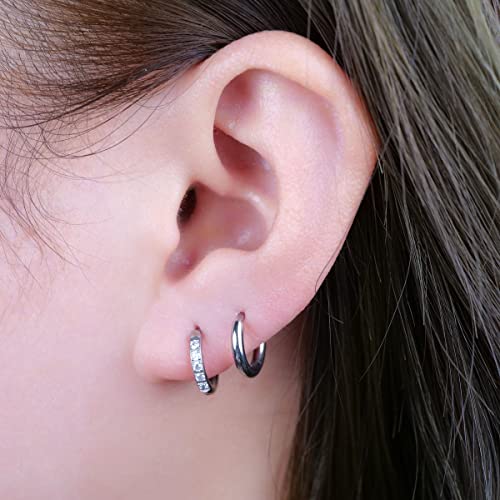 Limerencia Hypoallergenic Pure Titanium Pairs Small Huggie Hoop Earrings, Lightweight Cartilage Hoops Small Cubic Zirconia Cuff Earrings Mini Piercing Jewelry for Women Girls Teen (8mm, White CZ)