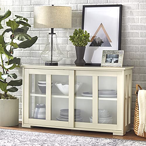 Target Marketing Systems Storage Cabinet with Sliding Glass Doors, Sideboard Buffet with Open Side Panels, Stackable Cupboard for Kitchen, Dining, and Living Room, 42", Antique White