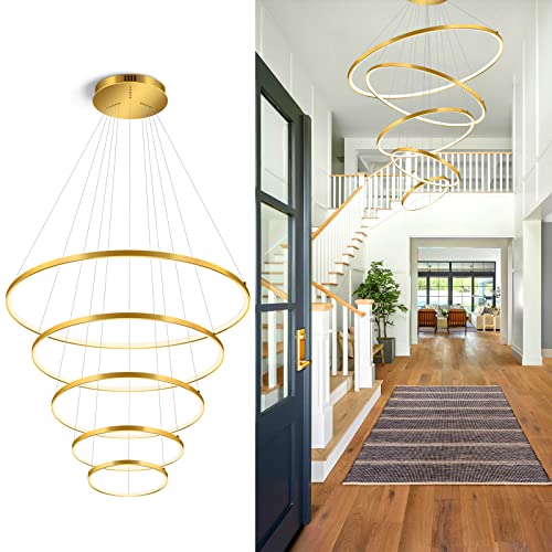 OKELI Modern LED Chandelier, 5 Rings Gold Large Chandelier, Dimmable High Ceiling Foyer Chandelier Light Fixtures with Remote for Dining Room,Living Room, Entryway, Staircase, 150W