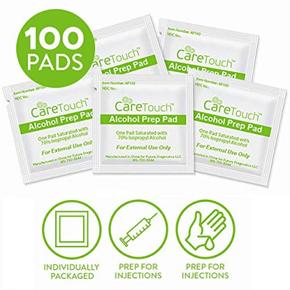 Care Touch Alcohol Wipes - Individually Wrapped Alcohol Prep Pads with 70% Isopropyl Alcohol, Great for Medical & First Aid Kits - Sterile, Antiseptic 2-Ply Rubbing Alcohol Pads - 100 count