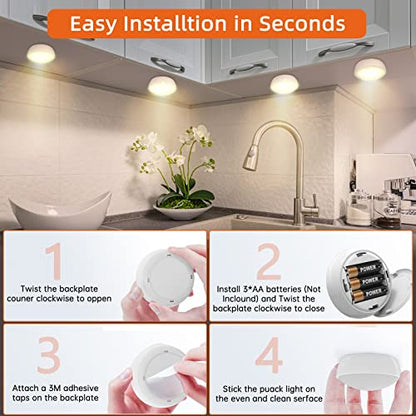 Puck Lights with Remote Control, 13 Colors 4 Lighting Mode Changeable RGB LED Under Cabinet Lighting,AA Battery Powered Push Night Lights 3M Stick-on,Under Counter Lighting With Timer Function(6 Pack)