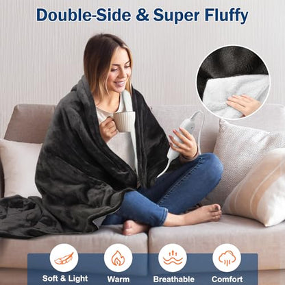 Heated Blanket Electric Throw, 50" x 60" Electric Blanket, 10 Heat Levels & 1-8hrs Timer Auto-Off, ETL Certified, Mashine Washable, Full Body Soft Flannel Sherpa Heating Blankets for Home Bed Office