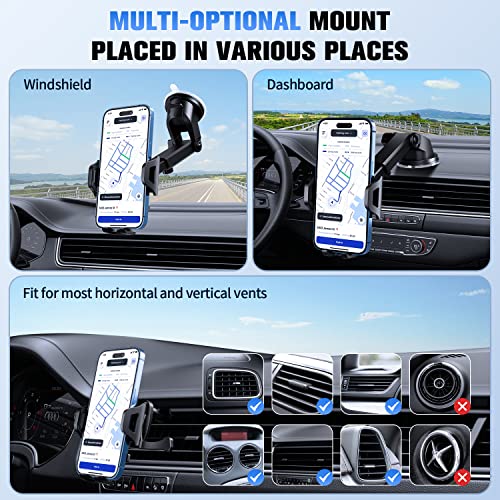 SUUSON Car Phone Holder Mount【Upgraded】-【Bumpy Roads Friendly】 Phone Mount for Car Dashboard Windshield Air Vent 3 in 1,Hand Free Mount for iPhone 14 13 12 Pro Max Samsung All Cell Phones (Black)