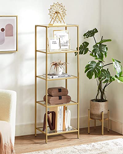 VASAGLE Bookcase, 5-Tier Bookshelf, Slim Shelving Unit for Bedroom, Bathroom, Home Office, Tempered Glass, Steel Frame, Metallic Gold ULGT029A01