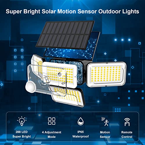 Mokot Solar Outdoor Lights, 288 LED IP65 Waterproof Motion Sensor Outdoor Lights with Remote Control, 4 Heads Solar Flood Wall Lights for Outside Garden Patio Yard - 2Pack