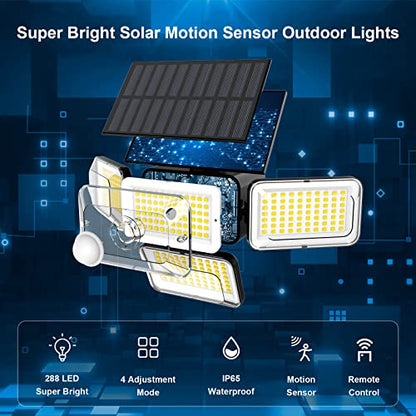 Mokot Solar Outdoor Lights, 288 LED IP65 Waterproof Motion Sensor Outdoor Lights with Remote Control, 4 Heads Solar Flood Wall Lights for Outside Garden Patio Yard - 2Pack
