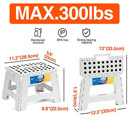 Korpai 9" Folding Step Stool for Adults and Kids Holds Up to 300 lbs,Non-Slip Folding Stools with Portable Handle, Compact Plastic Foldable Step Stool for Bathroom,Bedroom, Kitchen,White,2PC