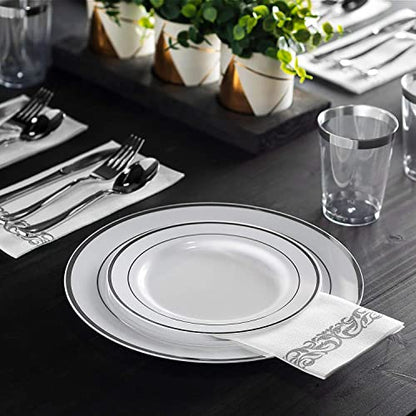 600 Piece Silver Dinnerware Set -100 Silver Rim 10 inch Plastic Plates 100 Silver Rim 7 Inch Plates -300 Silver Plastic Silverware -100 Silver Plastic Cups -100 Guest Disposable Silver Dinnerware Set