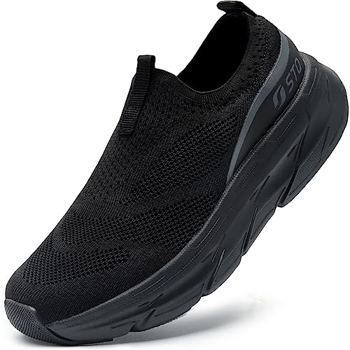 STQ Walking Shoes Women Mesh Slip on Sneakers Comfortable Work Shoes Non Slip Tennis Shoes with Arch Support All Black 7 US