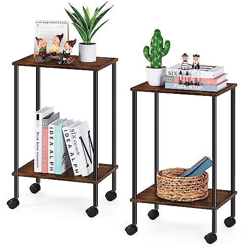 Fogein Set of 2 End Table with Wheels, 2-Tier Side Table, Sode Table, Side Table with Storage, Table Stand, Nightstand for Living Room Bedroom Small Space Table(Brown)