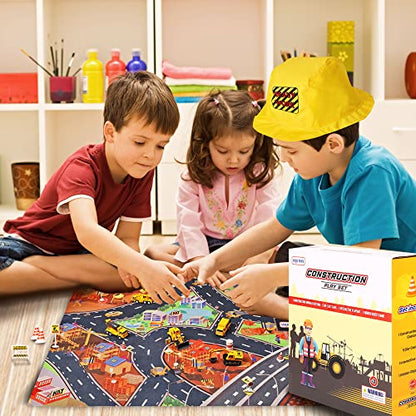 Lolo Toys 20-Piece Construction Truck & Road Play Mat Set: Toy Construction Vehicles & Costume with Hat for Boys & Girls, Includes 5 Small Metal Diecast Construction Vehicle Toys & Search Game