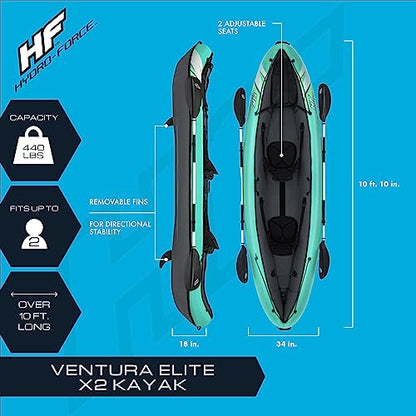 Bestway Hydro-Force 2-Person Ventura Elite Inflatable Kayak Set | Includes Kayak, 2 Aluminum Paddles, Hand Pump, 2 Fins and Carry Bag