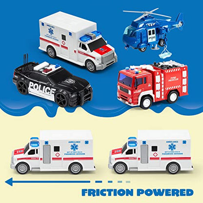 JOYIN 4 Packs Emergency Vehicle Toy Playsets, Friction Powered Vehicles with Light and Sound, Including Fire Truck, Ambulance Toy, Play Police Car and Toy Helicopter, Best Toddler Kids Boys Gifts
