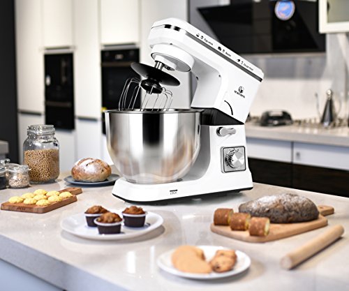 MURENKING Stand Mixer 5.3-Quart 500W,6+P Speed Tilt-Head Kitchen Electric Food Mixers Home Baking Dough Machine with Stainless Steel Bowl,Dough Hooks, Whisk, Beater, Pouring Shield (White)