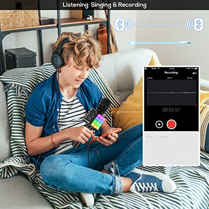 BONAOK Karaoke Microphone for Kids Adults Wireless Mic with Bluetooth Speaker Rechargeable Portable Handheld Echo Microphones with Disco Light for Party Home Outdoor Speaking Singing,Q37L (Black)