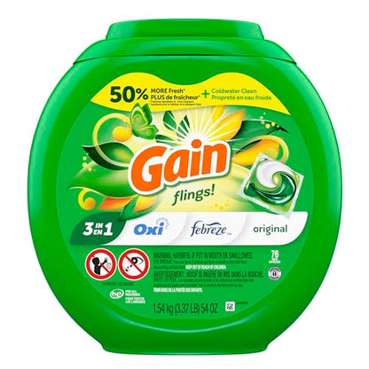 Gain flings Laundry Detergent Soap Pacs HE Compatible Long Lasting Scent, Original Scent, 76 Count