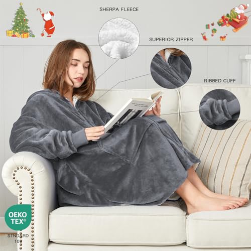 JOYWOO Wearable Blanket Hoodie, Oversized Hoodie Sweatshirt Blanket for Adults Women Men, Gift, Cozy and Fuzzy Sherpa Hoodie Blanket with Zipper and Giant Pocket