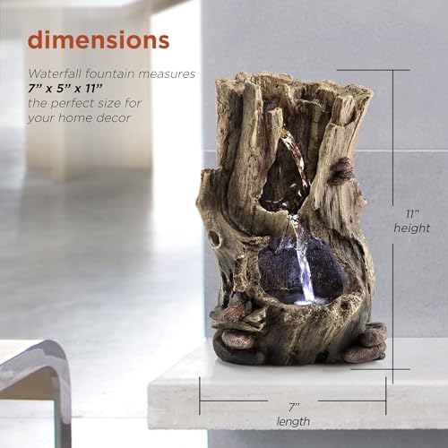 Alpine Corporation WIN326 Indoor Tabletop Light-Up Tiered Rainforest Tree Trunk Water Fountain with LED Lights, 11", Brown