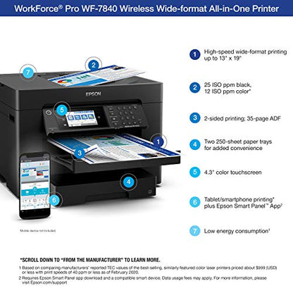 Epson Workforce Pro WF-7840 Wireless All-in-One Wide-Format Printer with Auto 2-Sided Print up to 13" x 19", Copy, Scan and Fax, 50-Page ADF, 500-sheet Paper Capacity, 4.3" Screen,Black