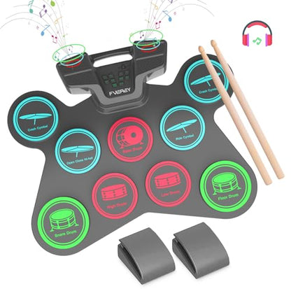 FVEREY Electric Drum Set, 9 Drum Practice Pads, Roll Up Drum Kit, Portable Digital Drum Machine with Headphone Jack, Built-in Speaker, Drum Sticks, Pedals, Christmas Birthday Gift for Beginner, Kids