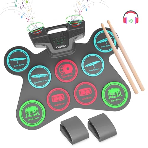 FVEREY Electric Drum Set, 9 Drum Practice Pads, Roll Up Drum Kit, Portable Digital Drum Machine with Headphone Jack, Built-in Speaker, Drum Sticks, Pedals, Christmas Birthday Gift for Beginner, Kids
